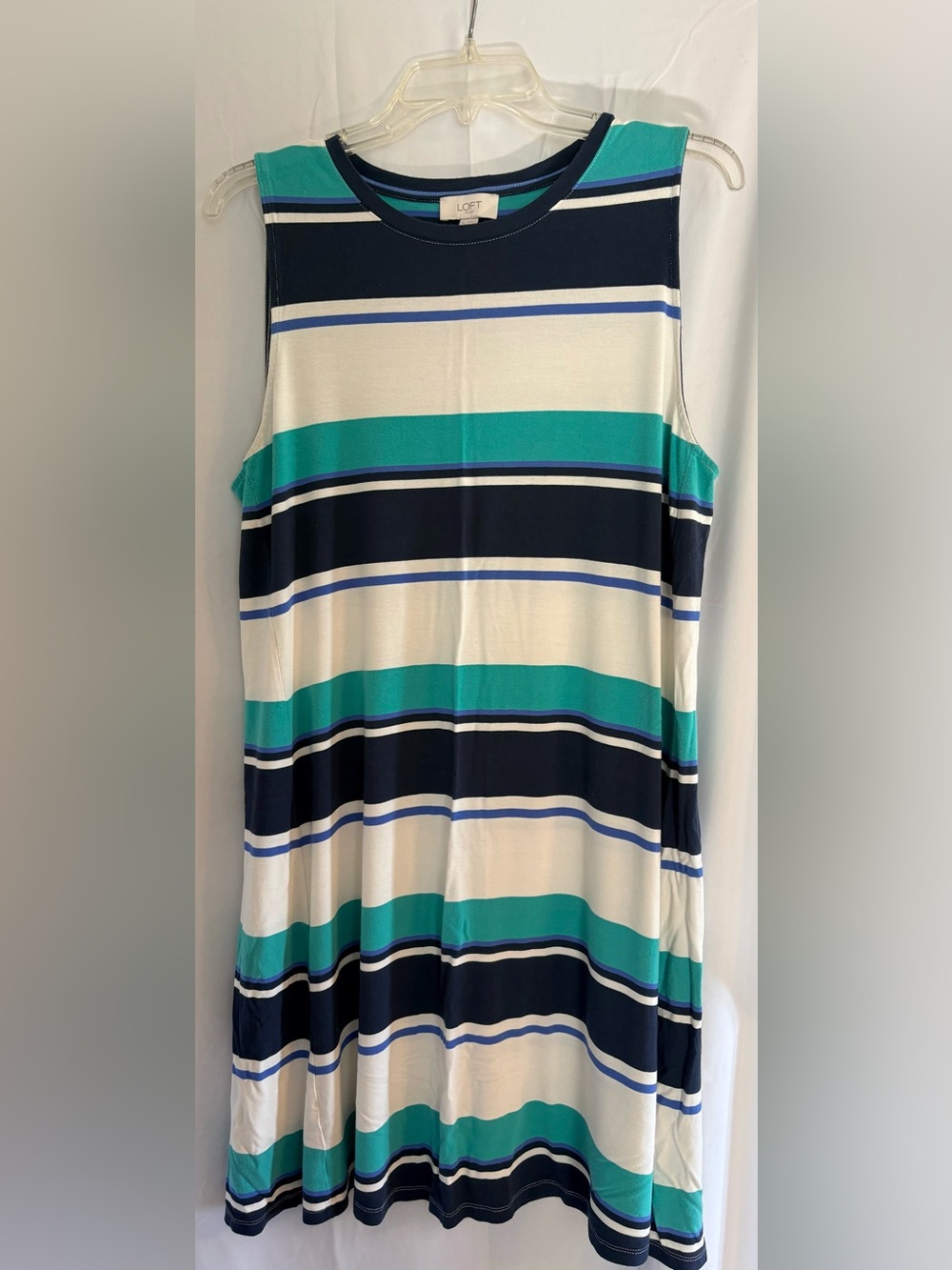 LOFT Striped Sleeveless Shift Dress in Teal, Navy & White